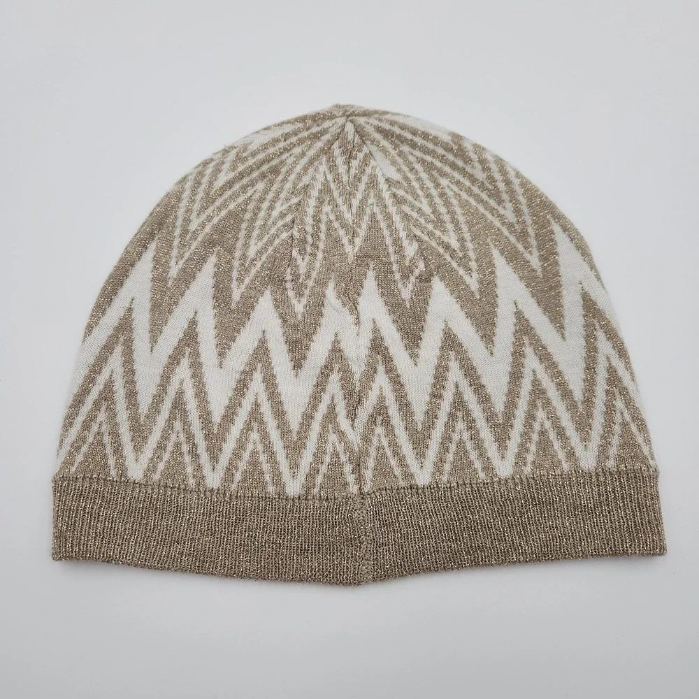 Calvin Klein Hat Cap Womens Medium Tan White Metallic Zigzag Knit Beanie Soft CK